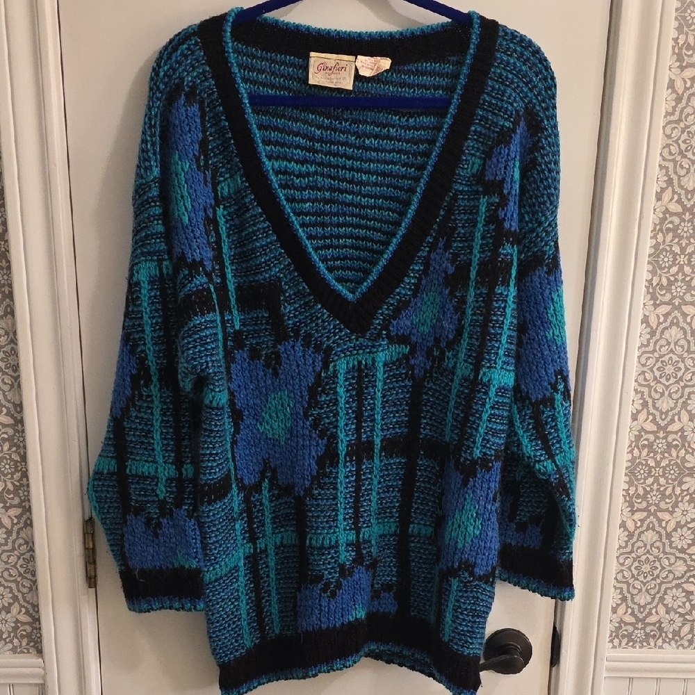 Ginafiori Made In Great Britain Wool Blend 80s Floral Geometric Knit Sweater M​​
